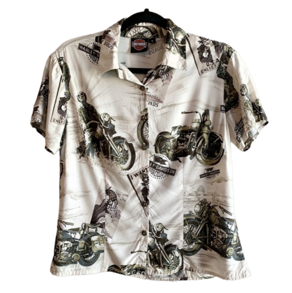 Harley-Davidson Motorcycle Vintage Tori Richard Retro Biker Print Blouse Size XL